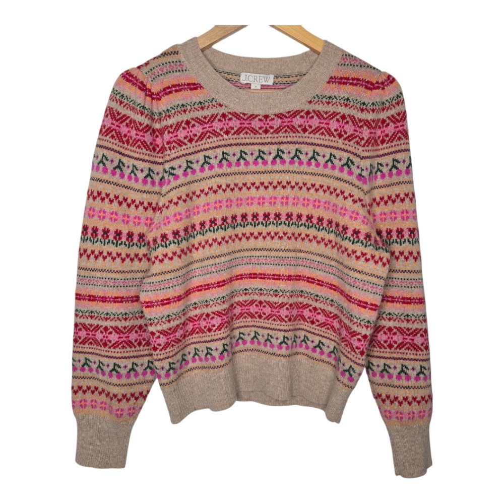 J. Crew Pink and Beige Patterned Crew Neck Sweater